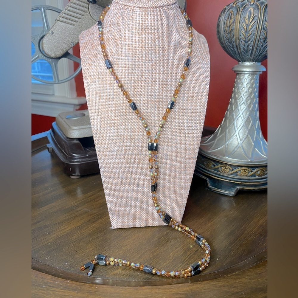 Vintage Amber Glass and Magnetite Magnetic Necklace 38 inches long